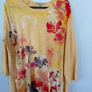 Jess and Jane Cotton XL Pocketed Tunic Top Yellow Multicolor